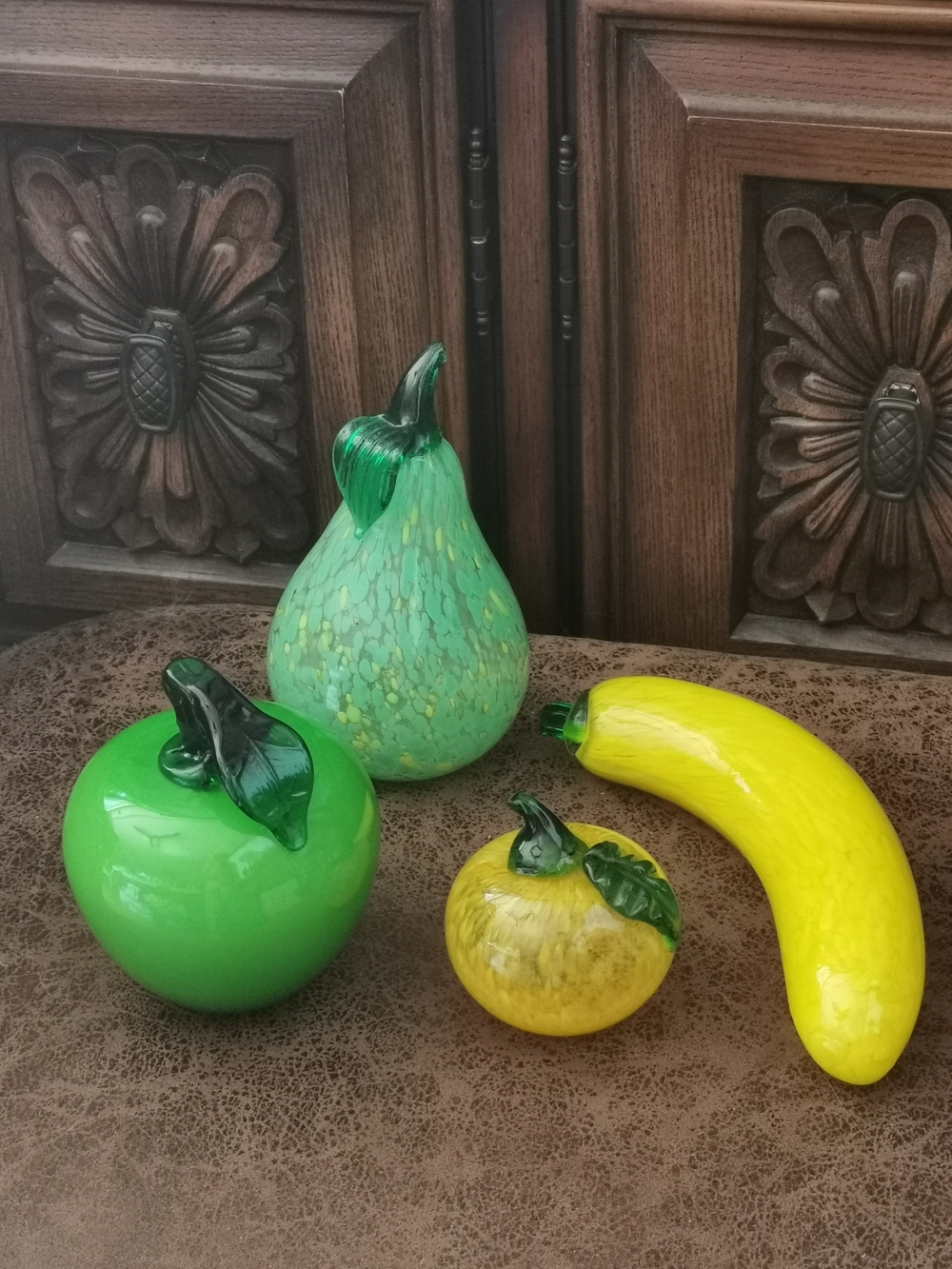 Set Of Four Handcrafted Glass Fruit Sculptures in Green and Yellow